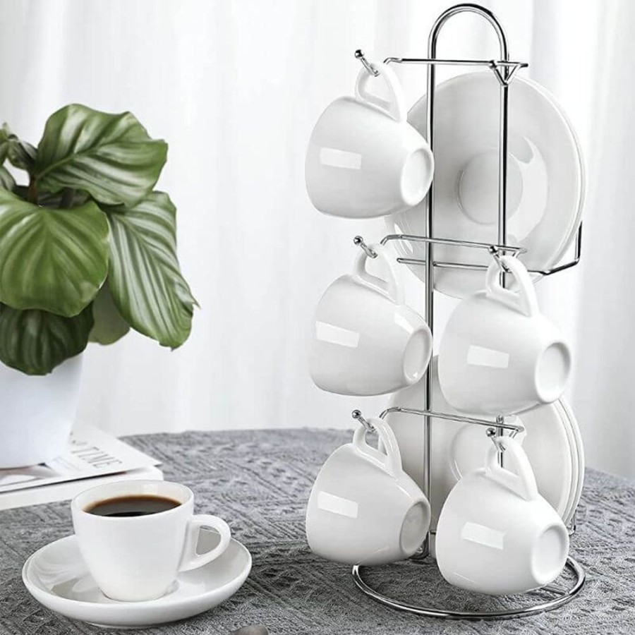 Drinkware Sweese | Porcelain Espresso Cups With Saucers And Metal Stand White