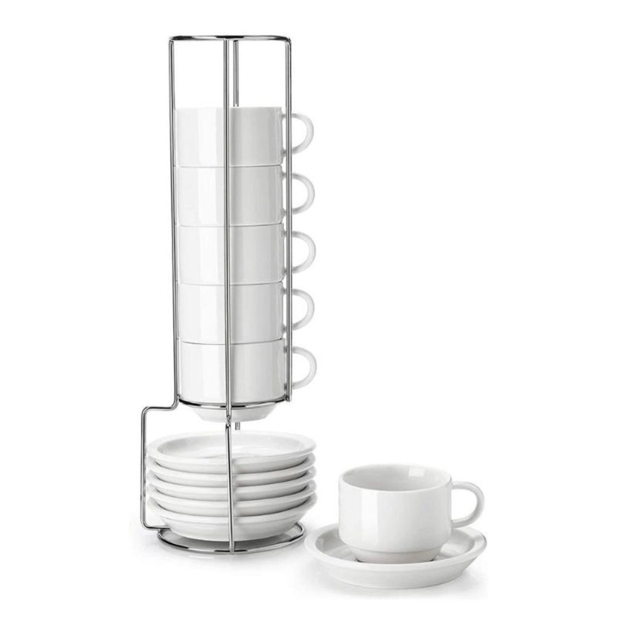 Drinkware Sweese | Porcelain Stackable Coffee Cups With Saucers And Metal Stand