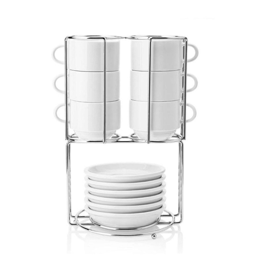 Drinkware Sweese | Stackable Espresso Cups With Saucers And Metal Stand White